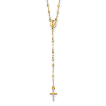 14k Polished Cross and Miraculous Medal with Diamond-cut Beads 17 inch Rosary Necklace Plus 3 inch Extender
