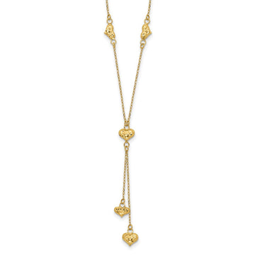 14k Polished Diamond-cut Puffed Hearts 16 inch Lariat Necklace Plus 2 inch Extender