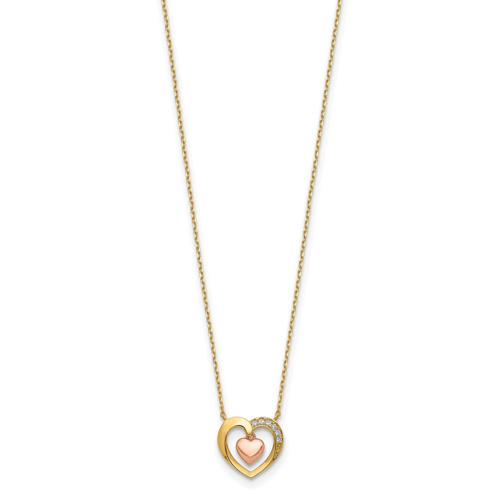 14K Two-Tone CZ Heart-in-Heart Necklace Plus Extender 10.87mm - Chains