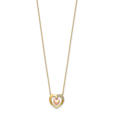 14K Two-Tone CZ Heart-in-Heart Necklace Plus Extender 10.87mm - Chains