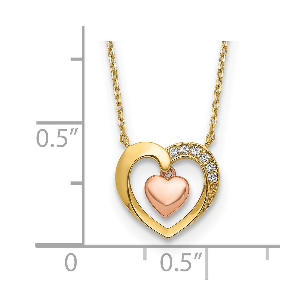 14K Two-Tone CZ Heart-in-Heart Necklace Plus Extender 10.87mm - Chains