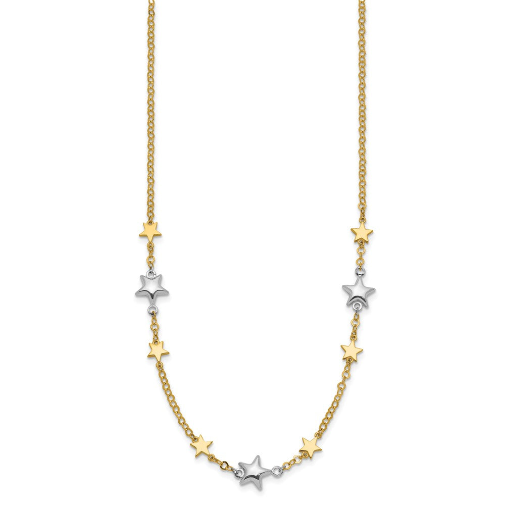 14K Two-Tone Polished Puffed and Flat Stars Necklace Plus Extender 7.3mm - Chains