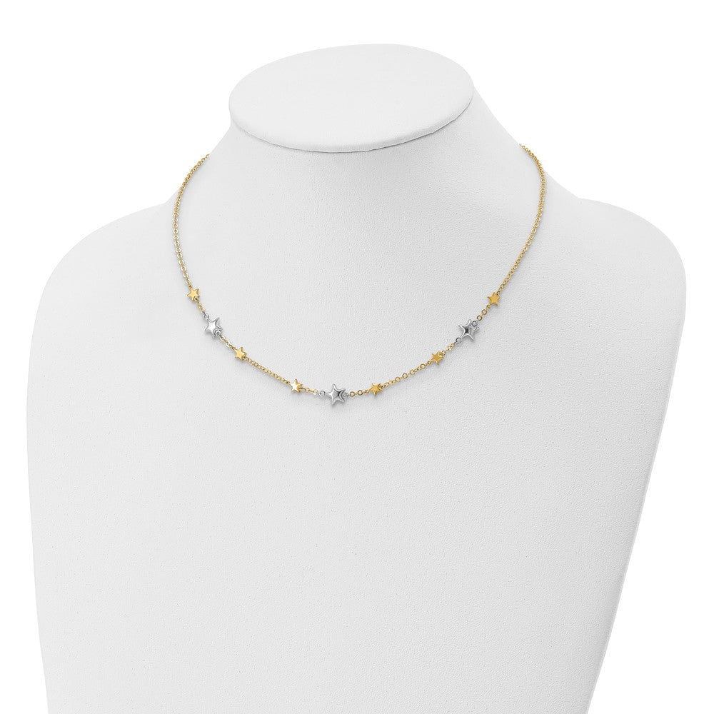 14K Two-Tone Polished Puffed and Flat Stars Necklace Plus Extender 7.3mm - Chains