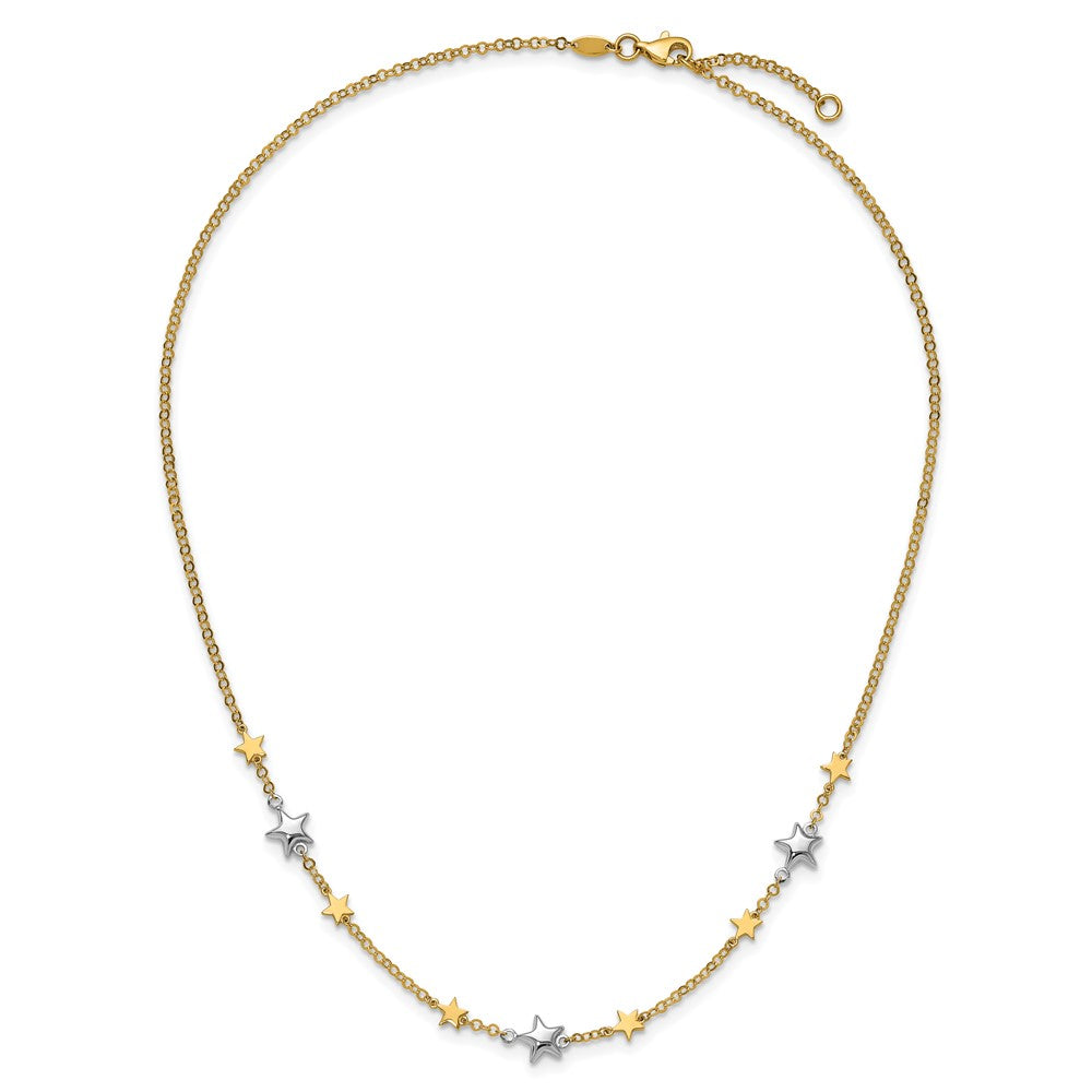 14K Two-Tone Polished Puffed and Flat Stars Necklace Plus Extender 7.3mm - Chains