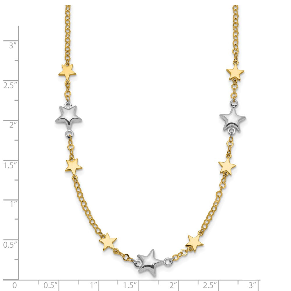 14K Two-Tone Polished Puffed and Flat Stars Necklace Plus Extender 7.3mm - Chains