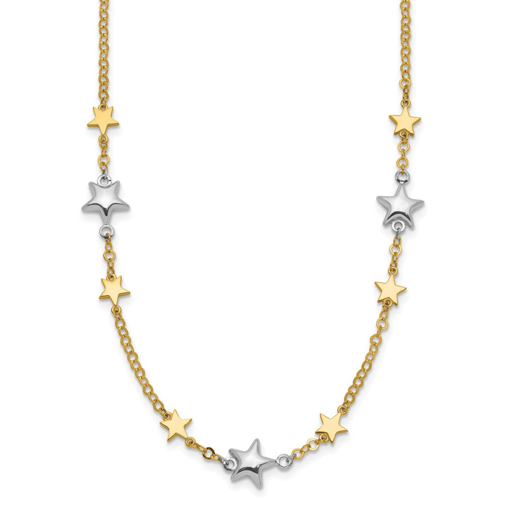 14K Two-Tone Polished Puffed and Flat Stars Necklace Plus Extender 7.3mm - Chains
