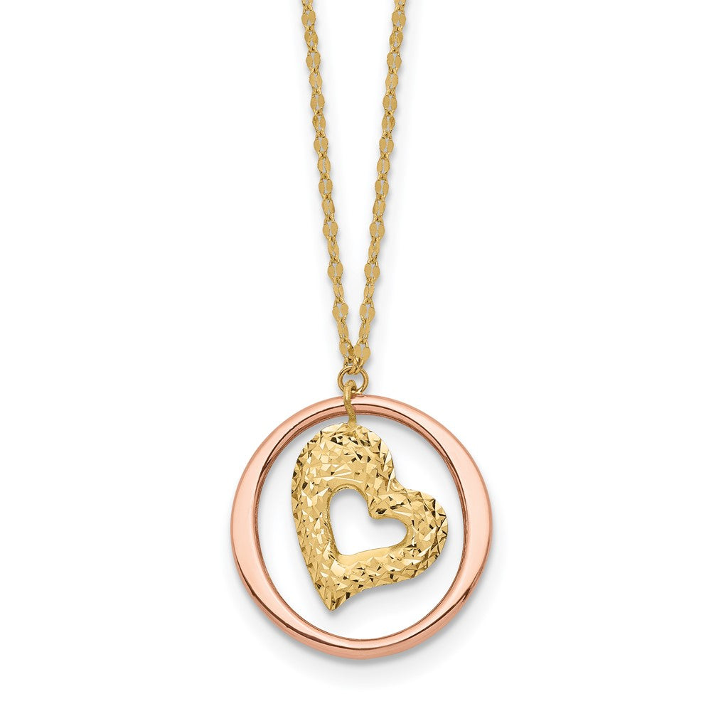 14K Two-tone Fancy Diamond-cut Heart in Open Circle Pendant 18 inch Necklace