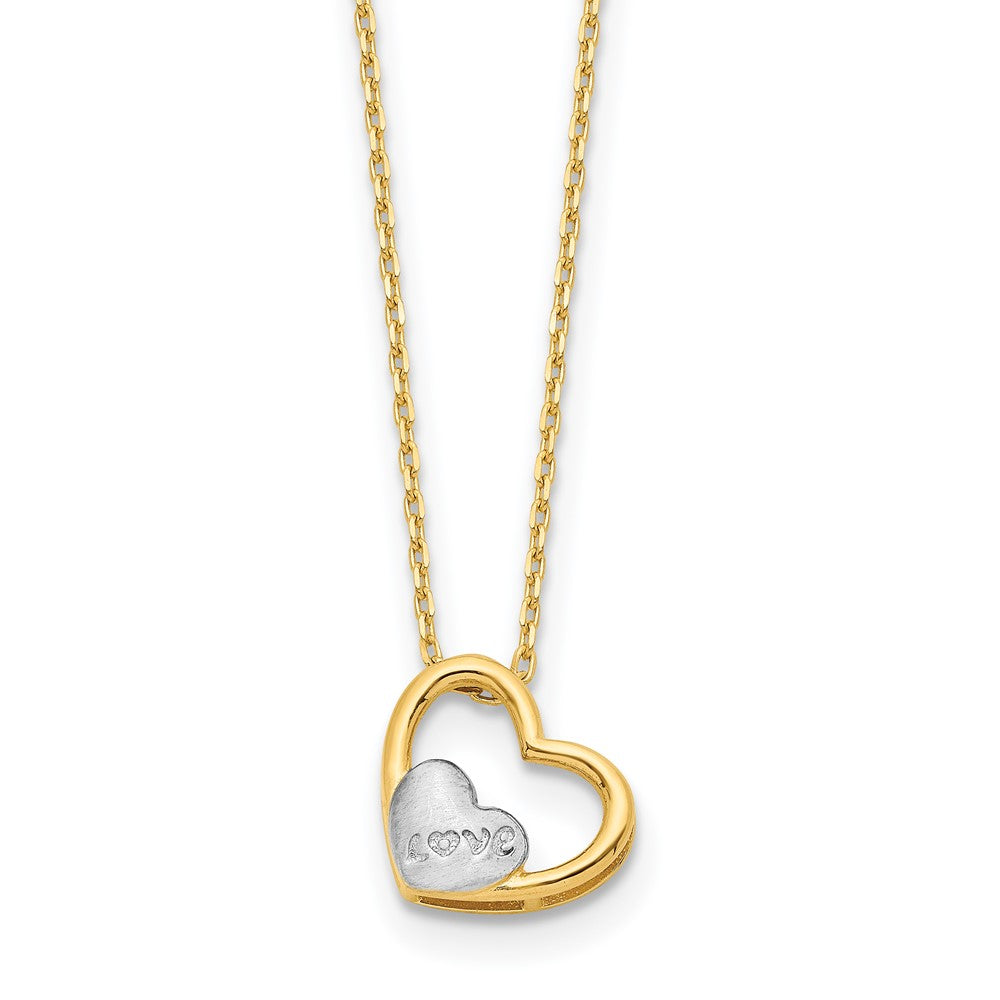 14K and White Rhodium Polished Heart with Satin LOVE Heart 17 inch Necklace