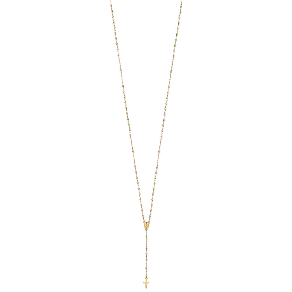 14k Tri-color Cross and Miraculous Medal with Laser-cut Beads Rosary Necklace Plus Extender 7mm - Chains