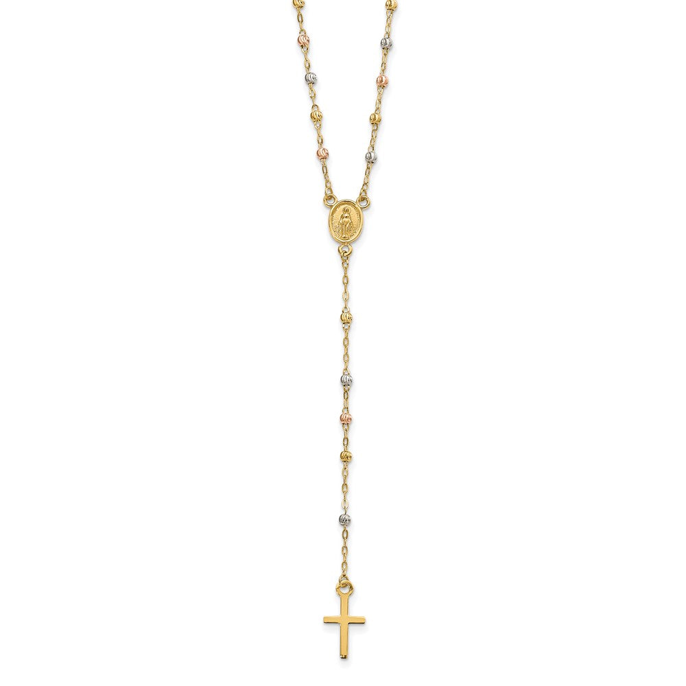 14k Tri-color Cross and Miraculous Medal with Laser-cut Beads Rosary Necklace Plus Extender 7mm - Chains