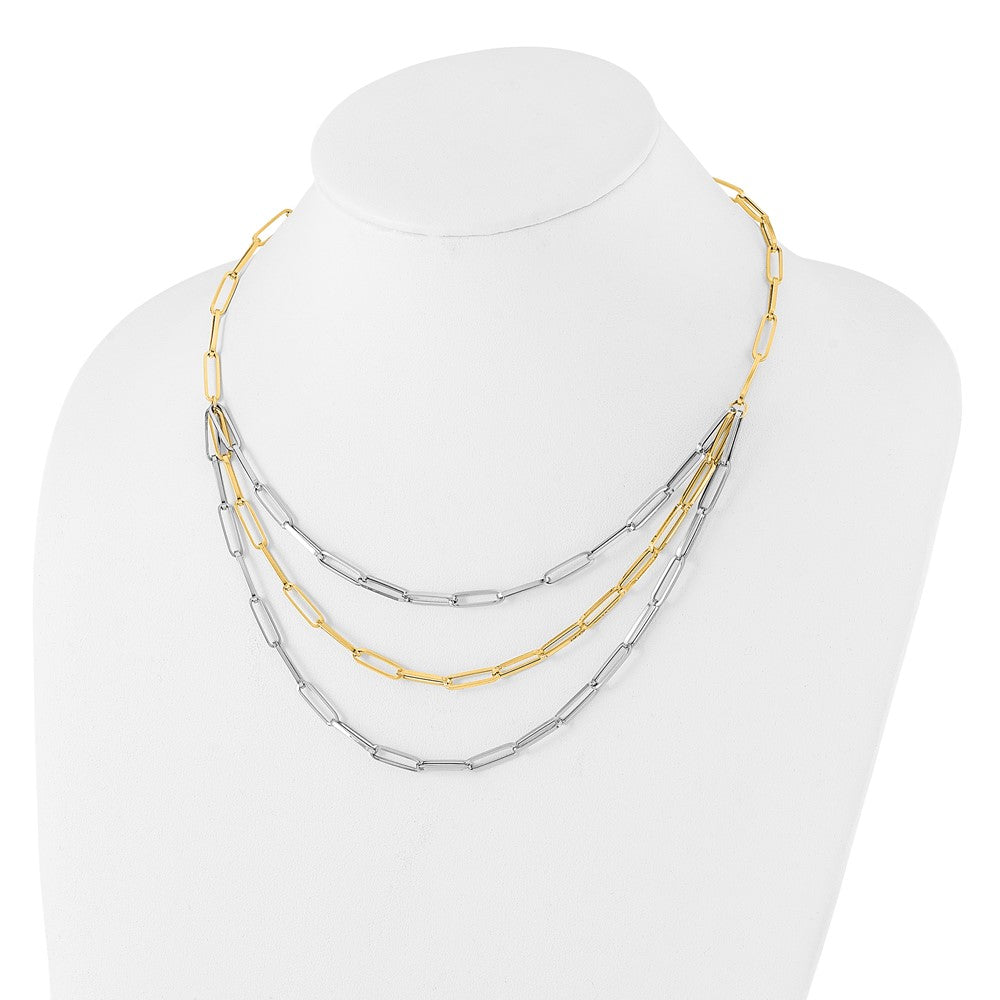 14K Two-tone Polished Fancy Paperclip Link 3-Strand Bib Necklace 64mm - Chains