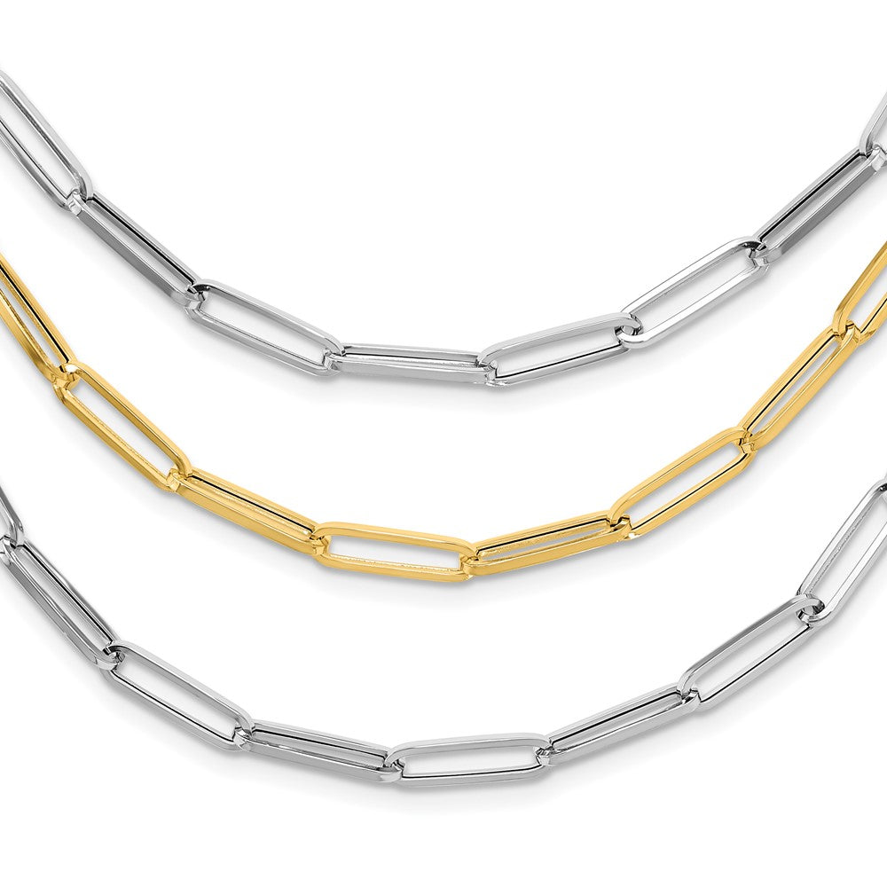 14K Two-tone Polished Fancy Paperclip Link 3-Strand Bib Necklace 64mm - Chains