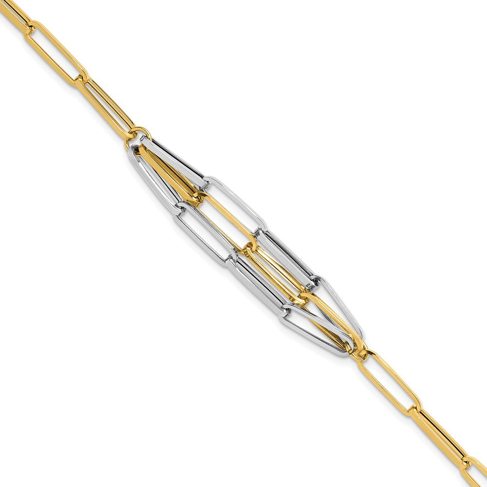 14K Two-tone Polished Fancy Paperclip Link 7.5 inch Bracelet