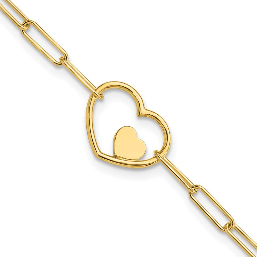 14K Double Hearts and Paperclip Links 7.25in Bracelet 14.3mm - Bracelets