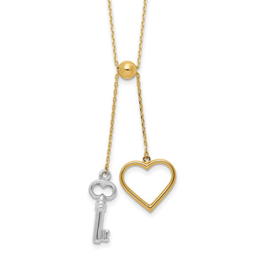 14K Two-tone Polished Adjustable-Dangle Heart and Key 17 inch Lariat Necklace