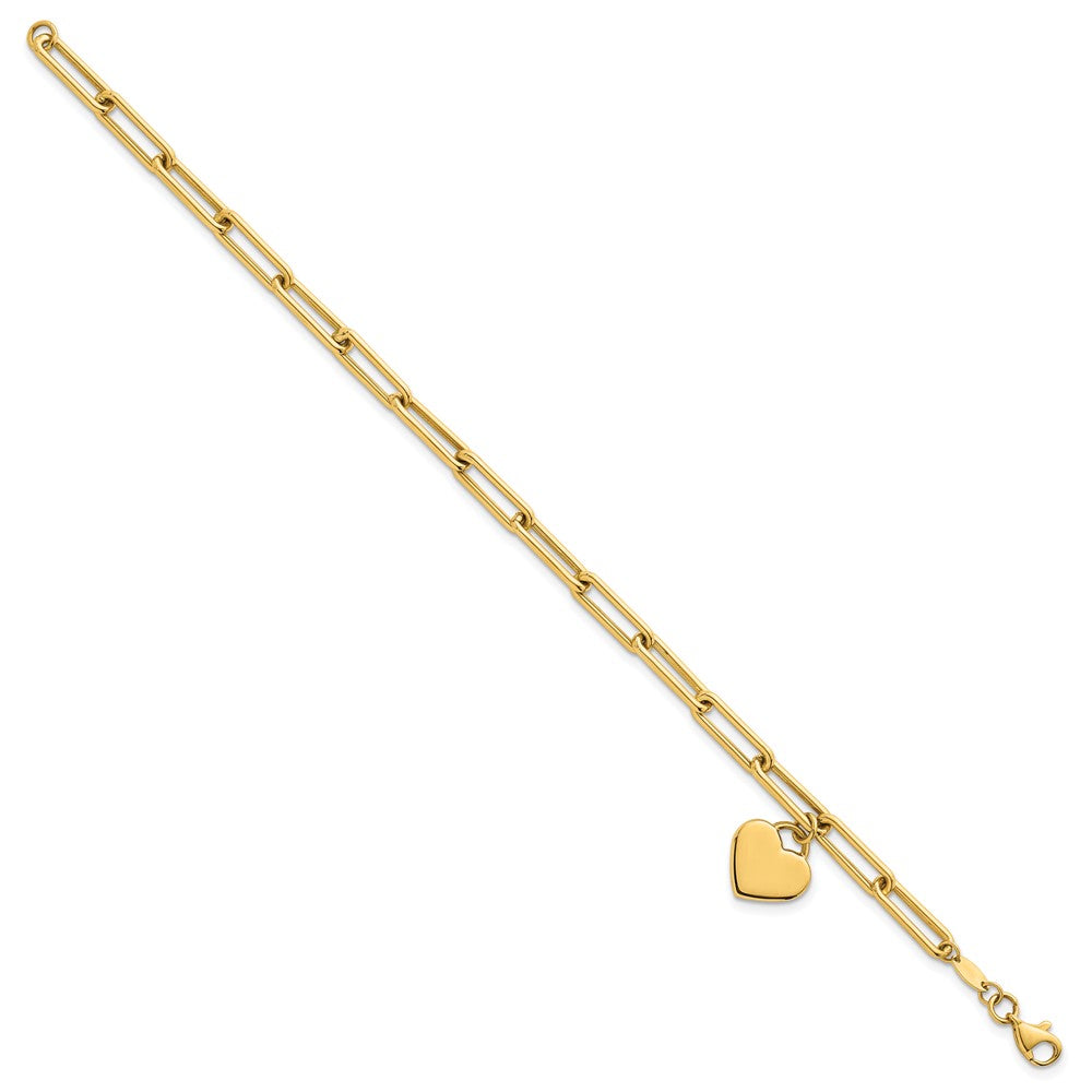 14k Polished Flat Dangle Heart Paperclip Link Bracelet 11.9mm - Bracelets