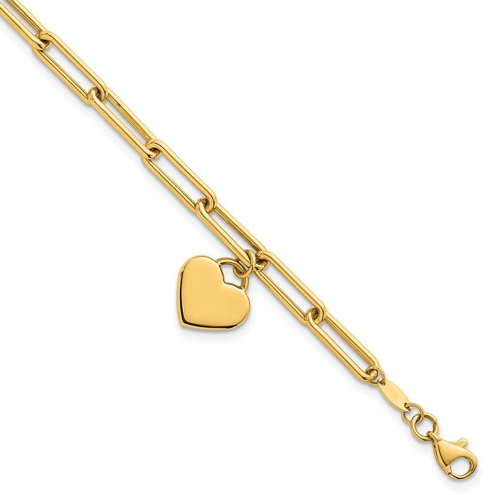 14k Polished Flat Dangle Heart Paperclip Link Bracelet 11.9mm - Bracelets