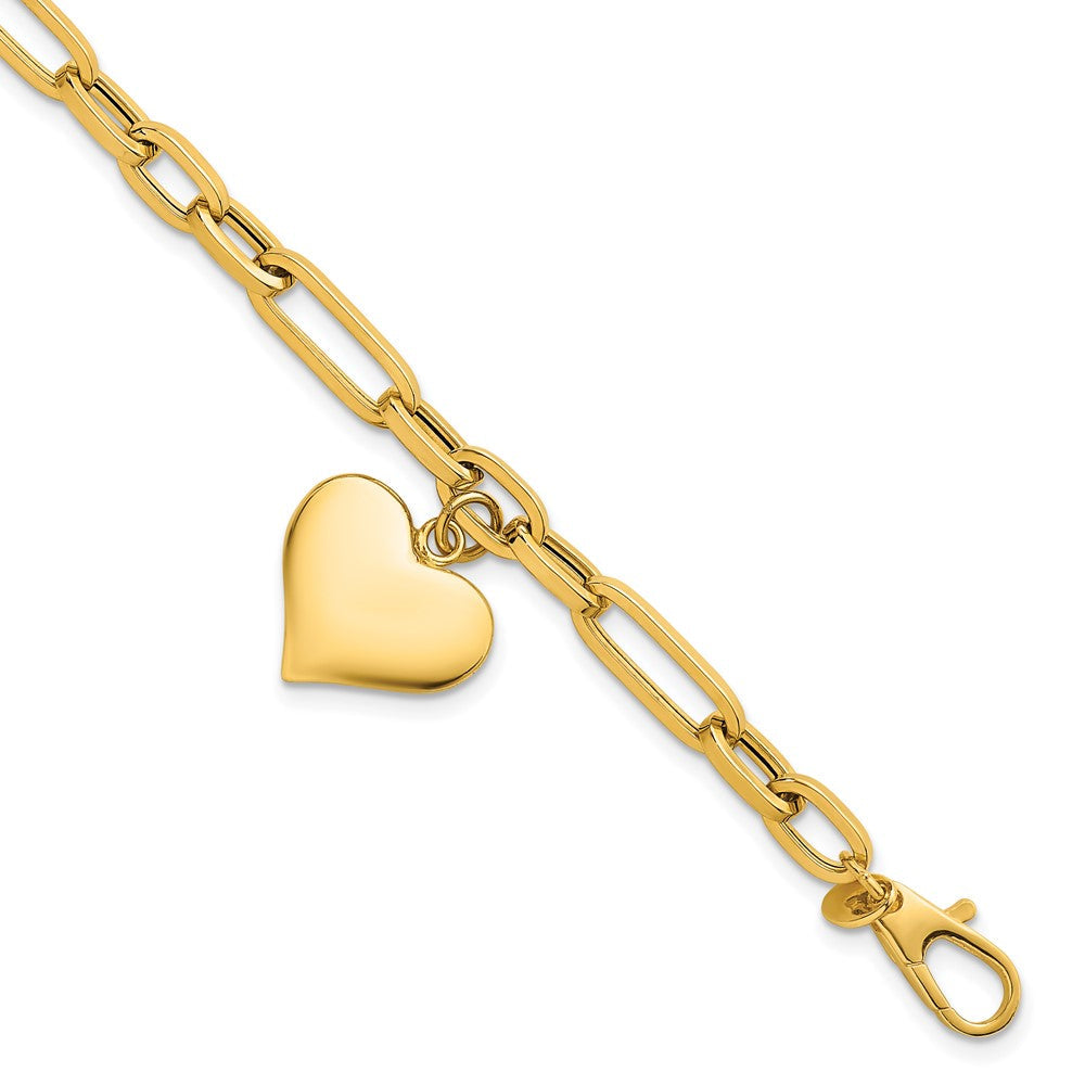 14k Polished Paperclip Figaro Link With Puffed Heart Dangle Bracelet 13.1mm - Bracelets