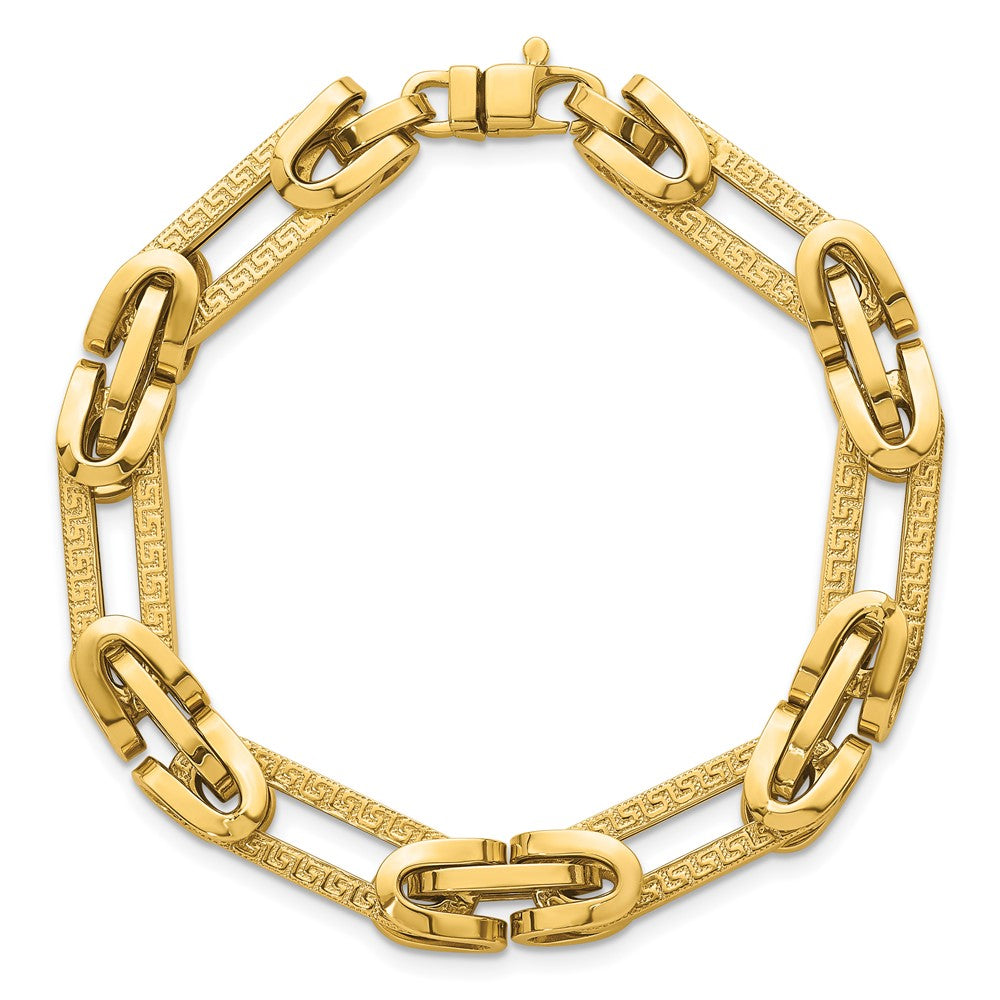 14k Polished and Textured Fancy Greek Key Design Oval Link Bracelet 7.65mm - Bracelets