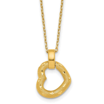 14K Polished Textured and Diamond-cut Fancy Heart Pendant 16 Inch Necklace with 2.25 Inch Extender