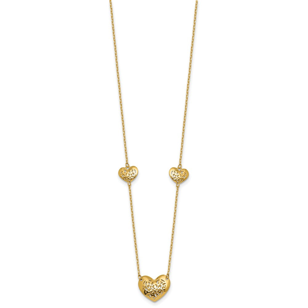 14K Polished Filigree Puffed Heart 3-Station Necklace Plus Extender 12.65mm - Chains