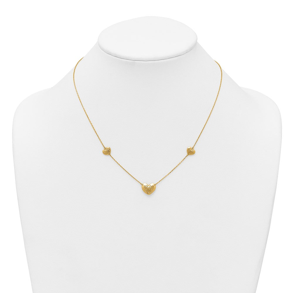 14K Polished Filigree Puffed Heart 3-Station Necklace Plus Extender 12.65mm - Chains