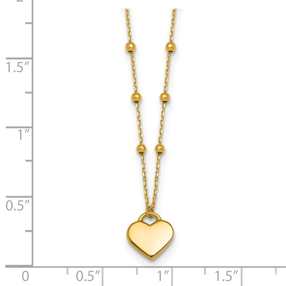 14k Polished Heart Pendant and Beaded Chain Necklace Plus Extender 8.9mm - Chains