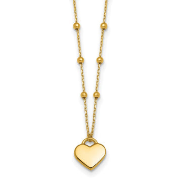 14k Polished Heart Pendant and Beaded Chain 16 inch Necklace Plus 2 inch Extender
