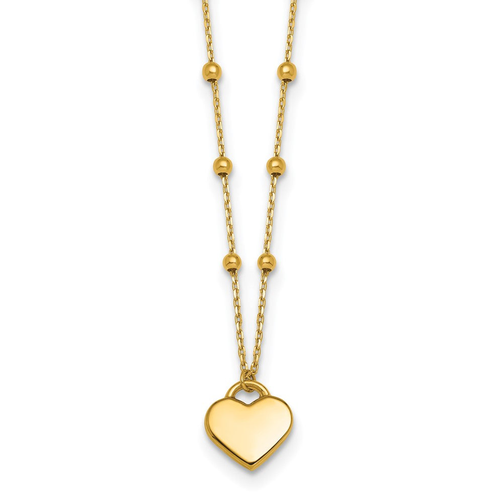 14k Polished Heart Pendant and Beaded Chain Necklace Plus Extender 8.9mm - Chains