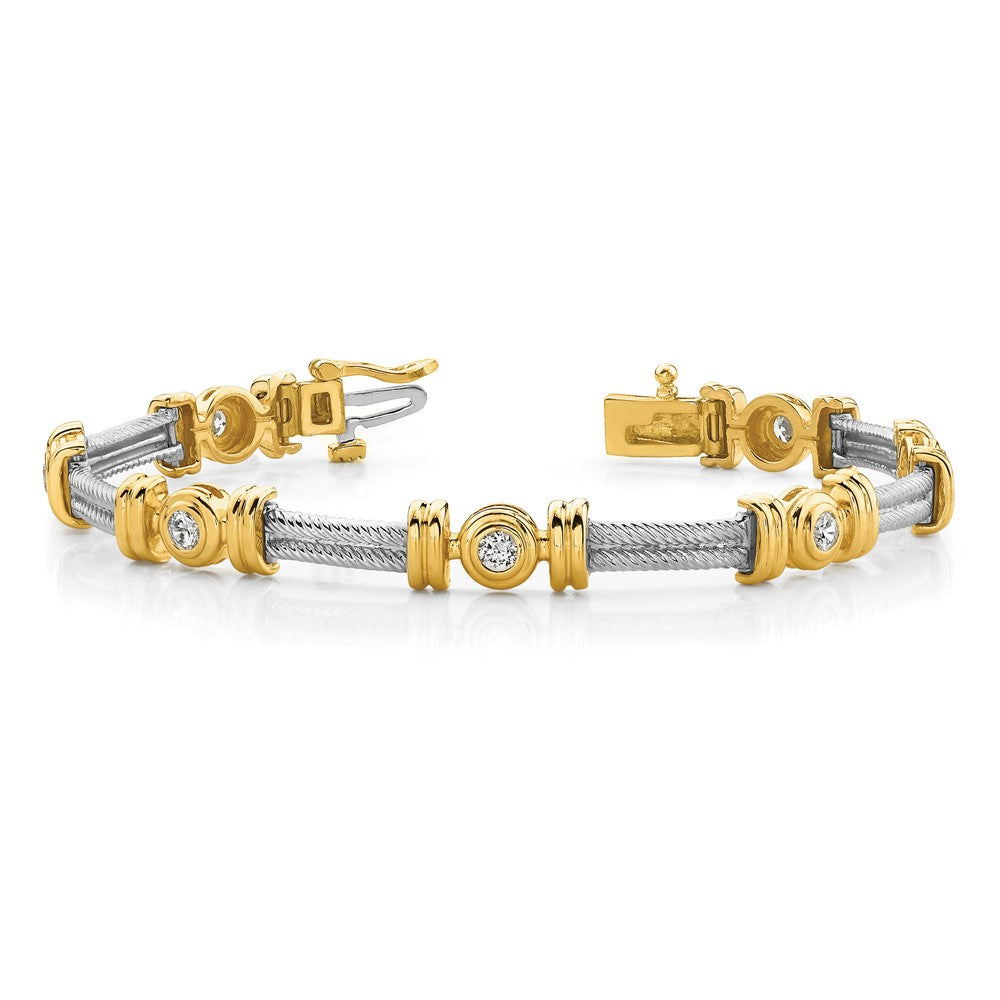 14k Two-tone Complete 1.4 carat Round AA Diamond Bezel and Twisted Bar Bracelet 9mm - Bracelets