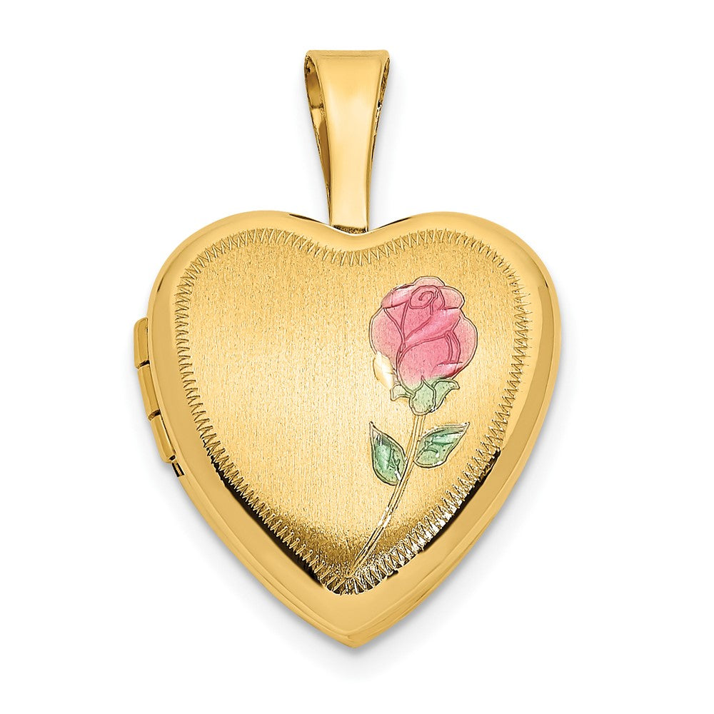 14k Satin with Pink and Green Enamel Rose Heart Locket 12.45mm - Chains