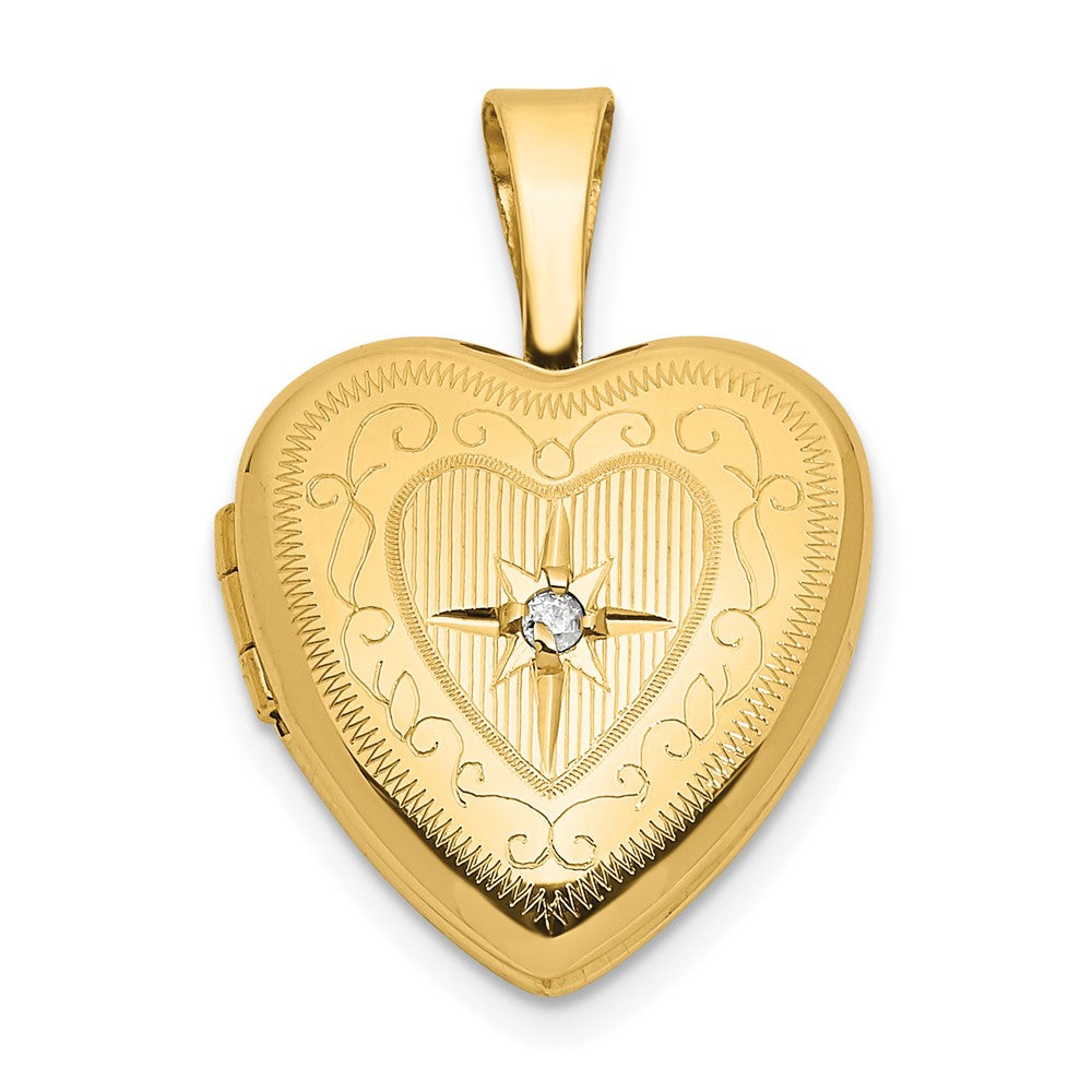 14k Polished Scrolled Border .01ct. Diamond Star Heart Locket 12.35mm - Chains
