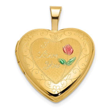 14K Polished and Satin Pink and Green Enamel Rose I LOVE YOU Script 16mm Heart Locket