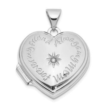 14K White Gold Diamond Star FOREVER MY FRIEND ALWAYS MY MOM 18mm Heart Locket