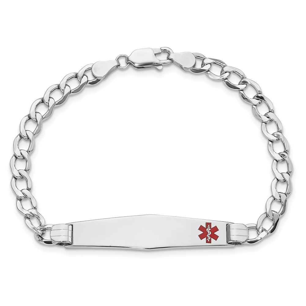 14K White Gold Medical Semi-Solid Chain/Solid Plate Soft Diamond Shape 37x Off-Center Red Enamel Cuban Link ID Bracelet 8.8mm - Bracelets