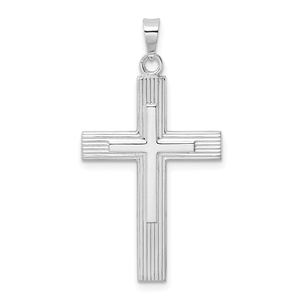 14k White Gold Polished Solid Striped Double Cross Pendant