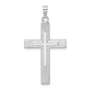 14k White Gold Polished Solid Striped Double Cross Pendant
